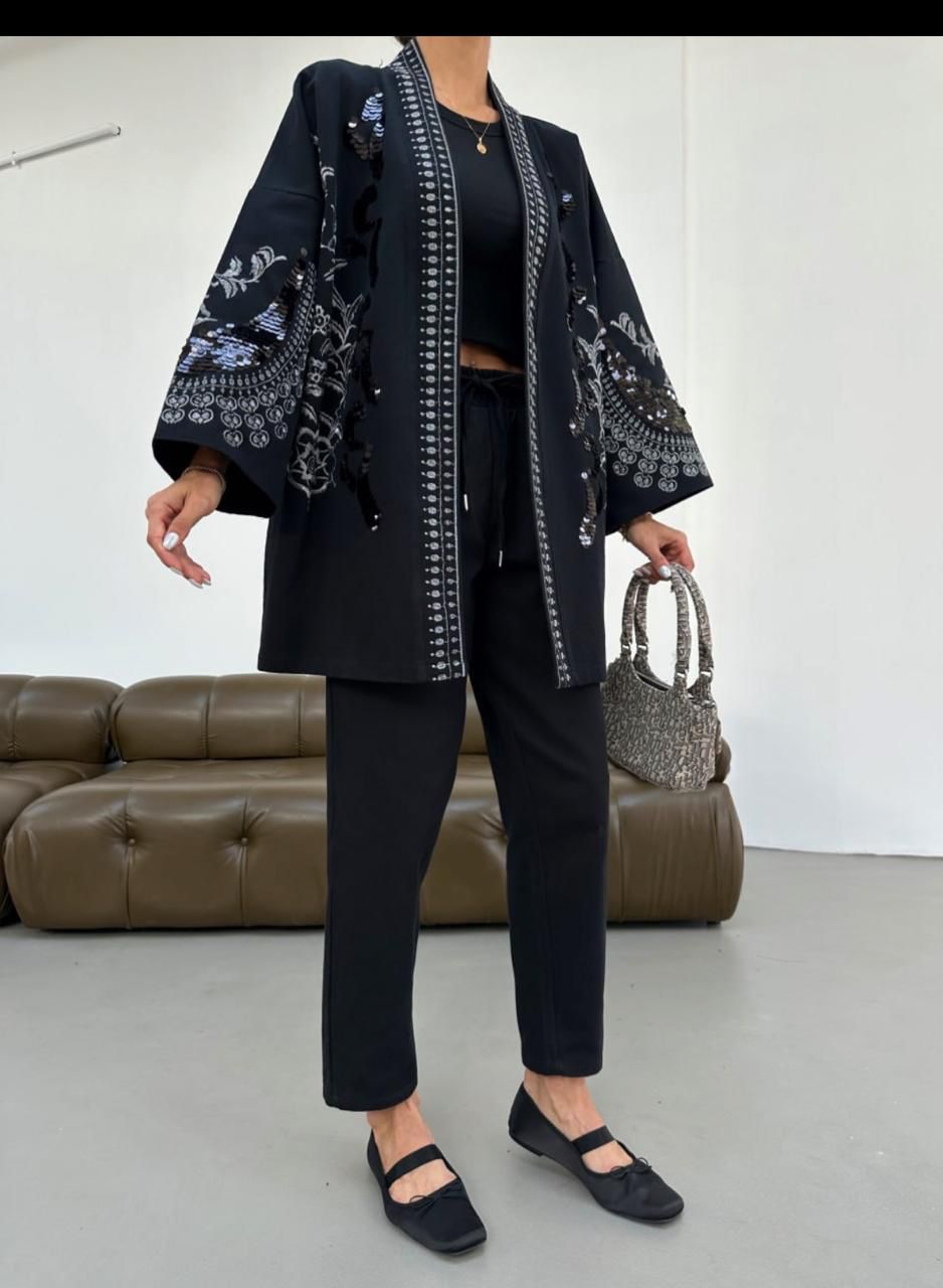 Black Denim Open-Front Cape Shrug with Statement Border