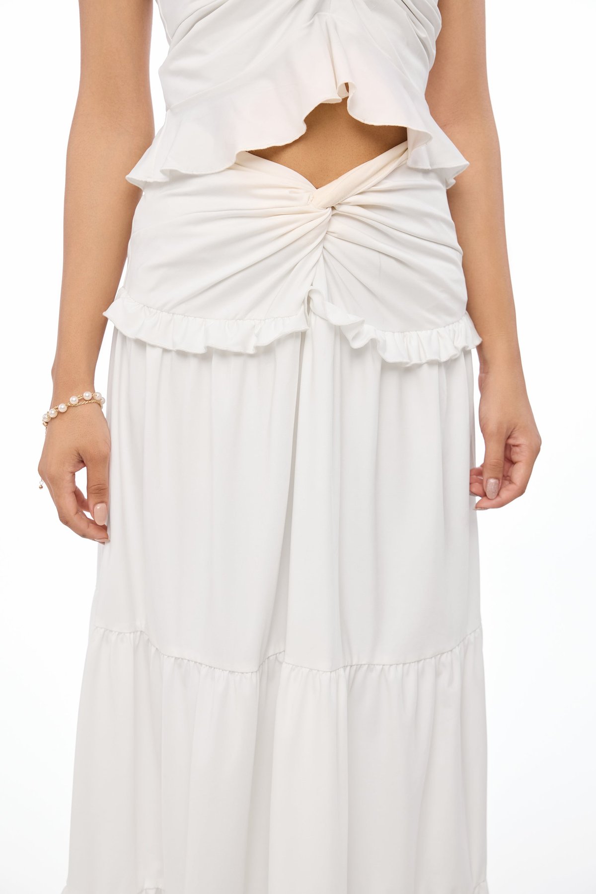 White Ruched Tiered Maxi Skirt