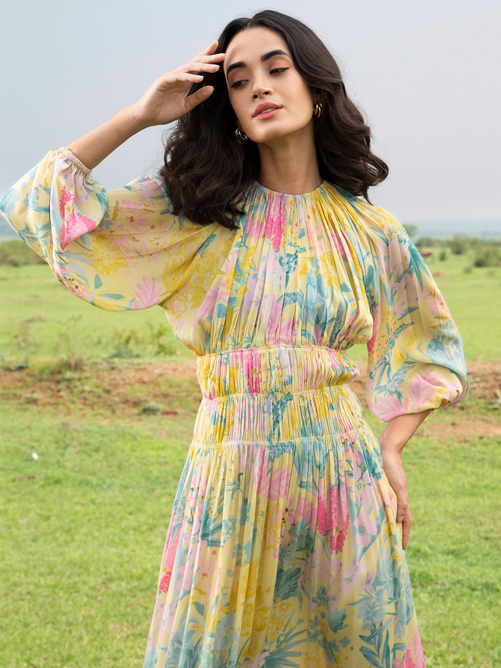 Yellow Floral Tiered Smocked Waist Midi Dress