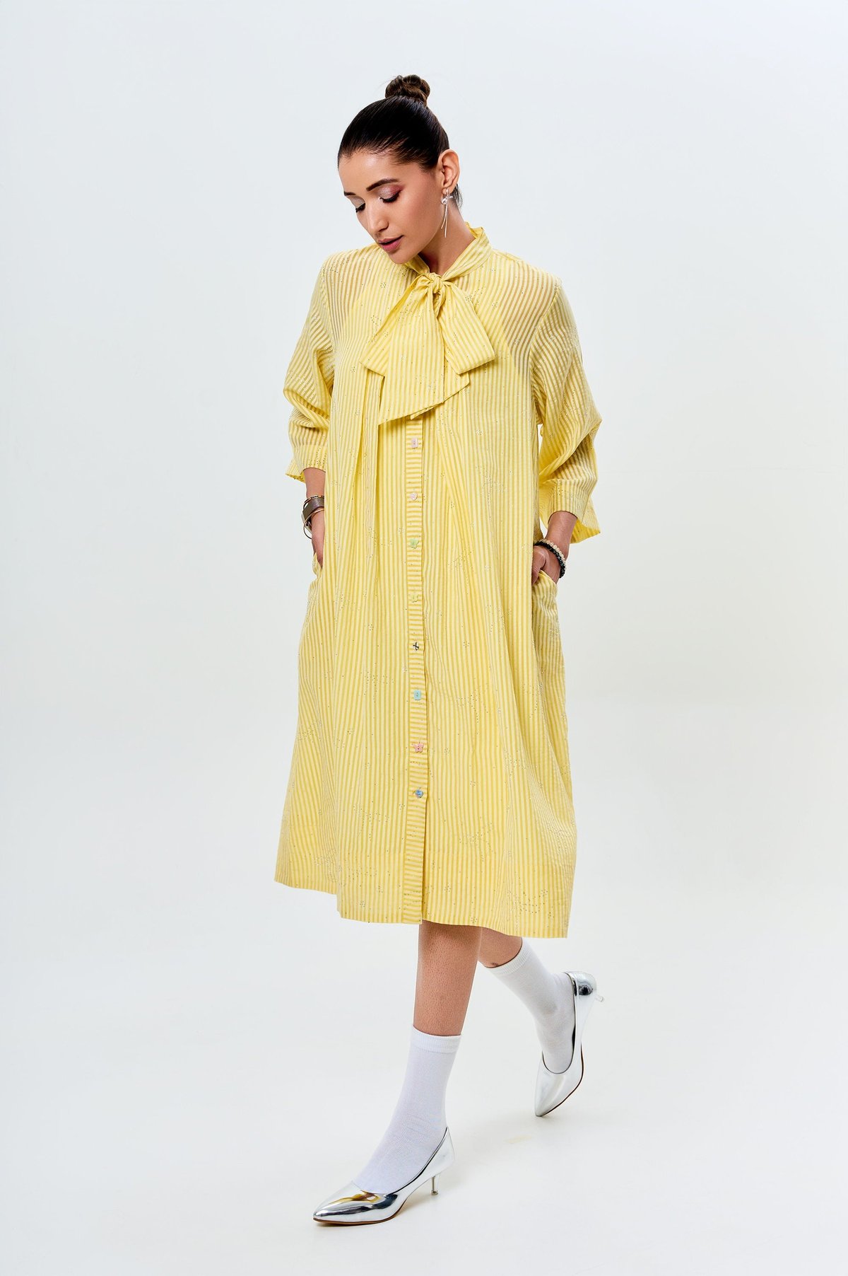 Pastel Yellow Striped Oversized Midi Shirt Dress with Bow Tie