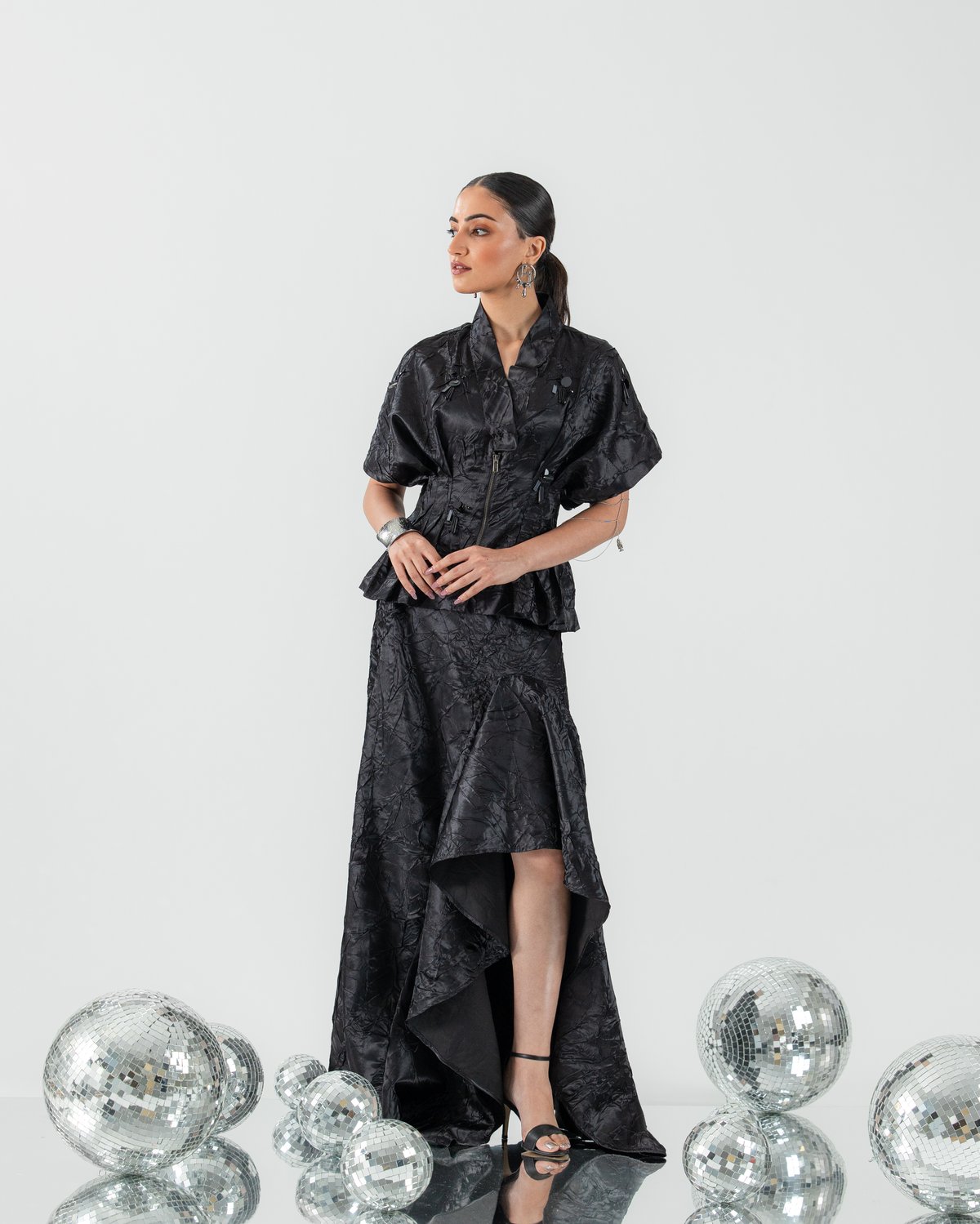 Black Textured Zip-Front Top and Maxi Skirt Co-ord Set