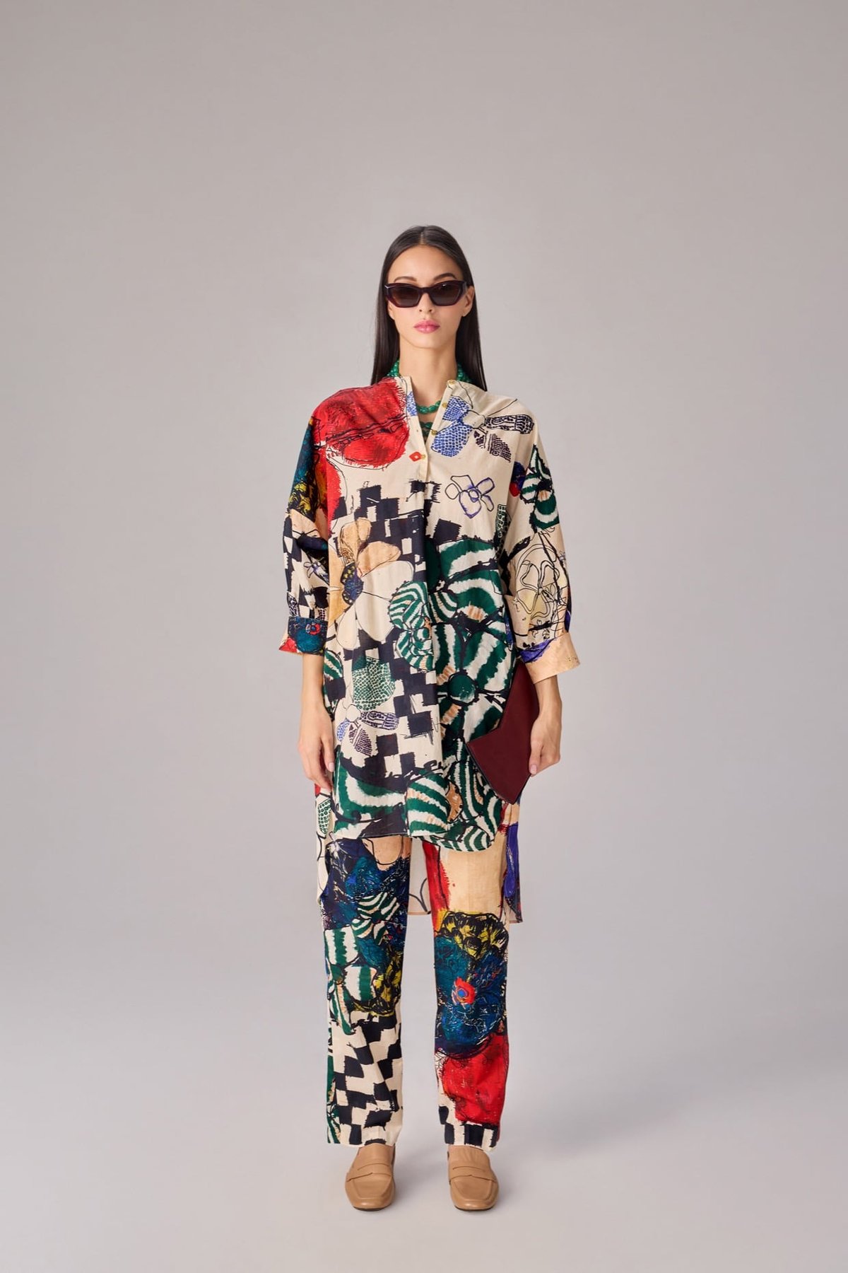 Multi Printed Collared Tunic and Trousers Co-ord Set