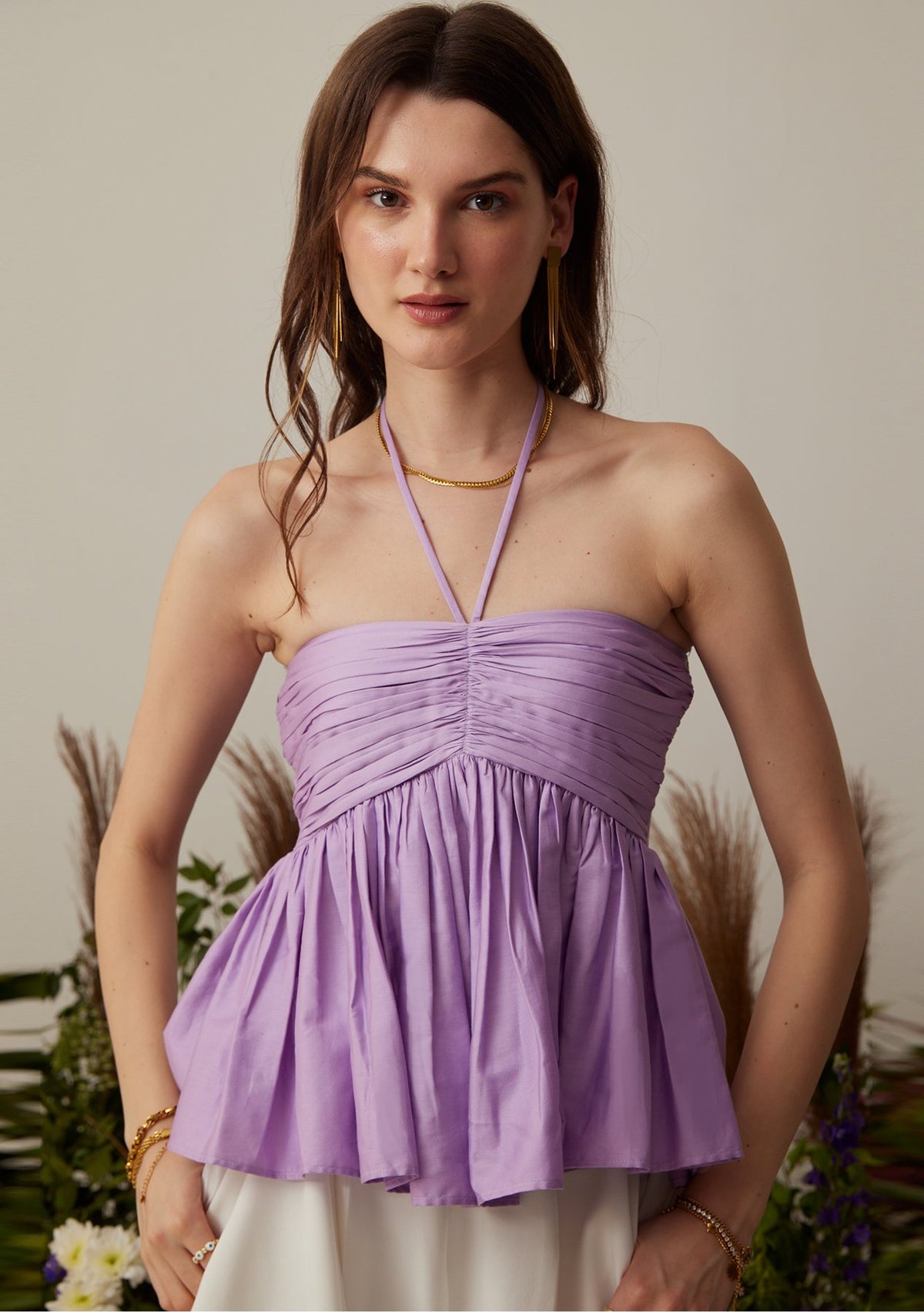 Lilac Cotton Halter Neck Ruched Peplum Top