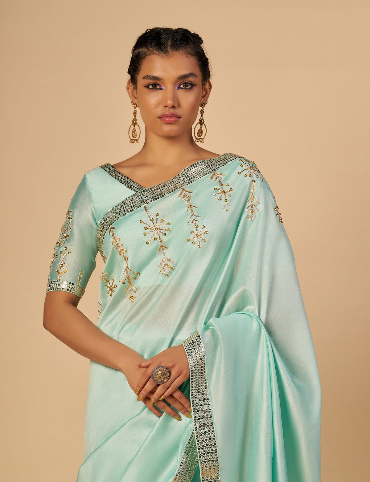 Aqua Chanderi Embellished V-Neck Saree Blouse