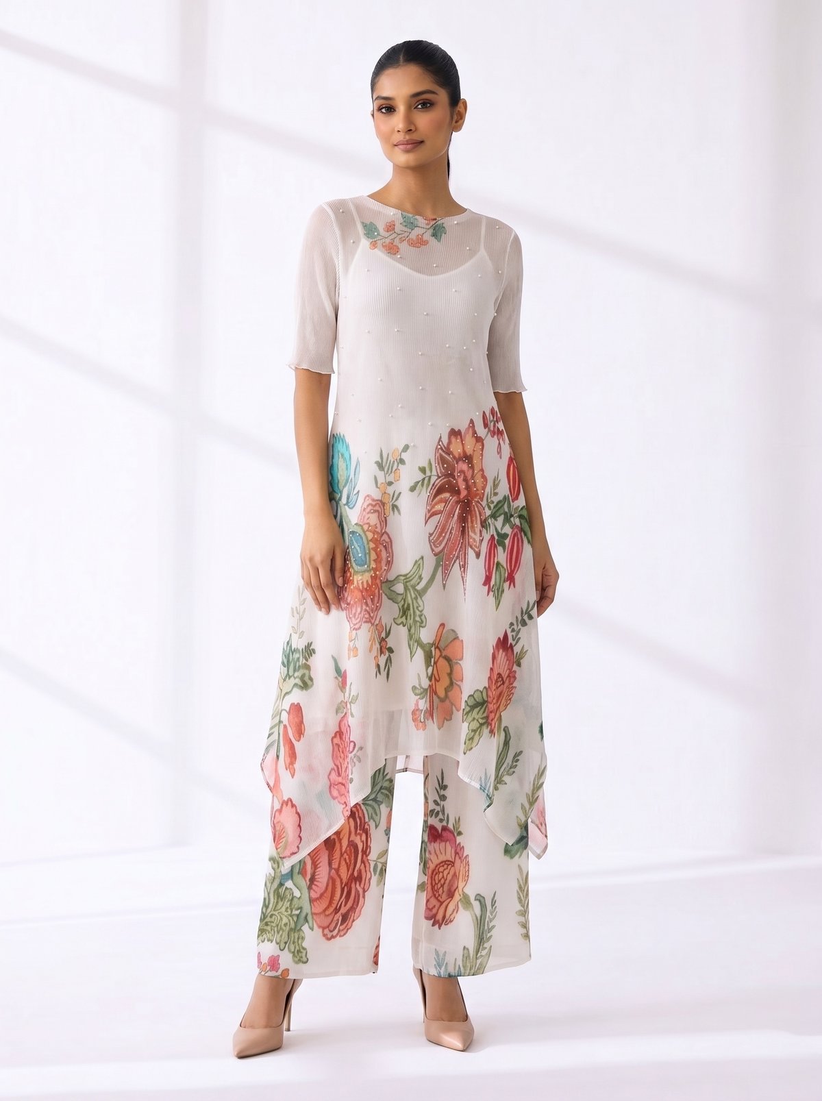Ivory White Floral Printed Kurta Set with Slip