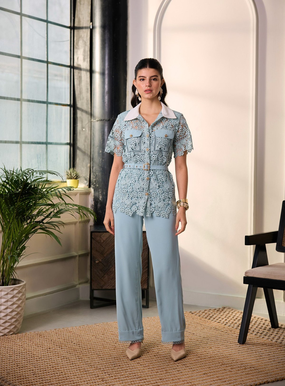 Aqua Embroidered Mesh Shirt and Wide-Leg Pants Co-ord Set