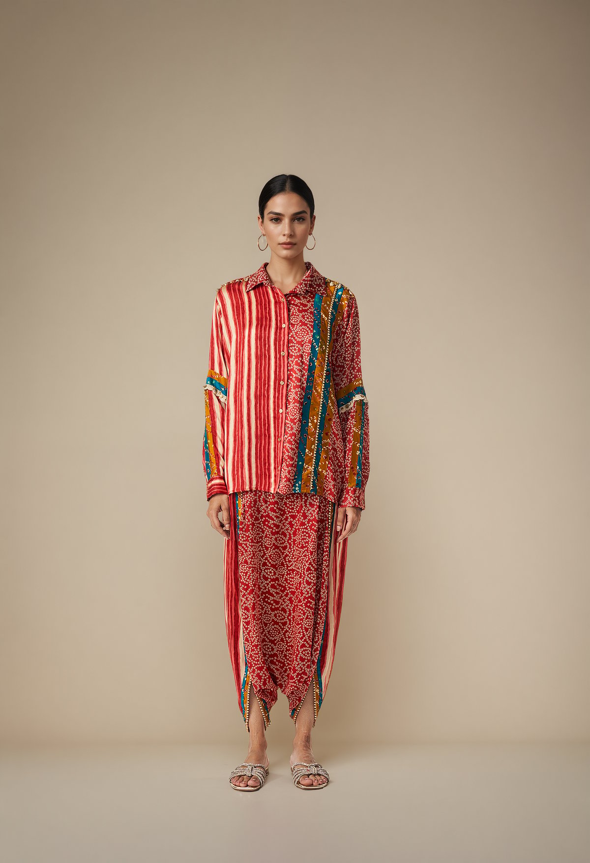 Maroon Modal Satin Printed Shirt and Harem Co-ord Set