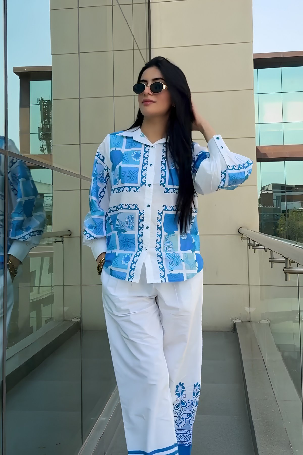 White and Blue Mosaic Floral Printed Cotton Shirt