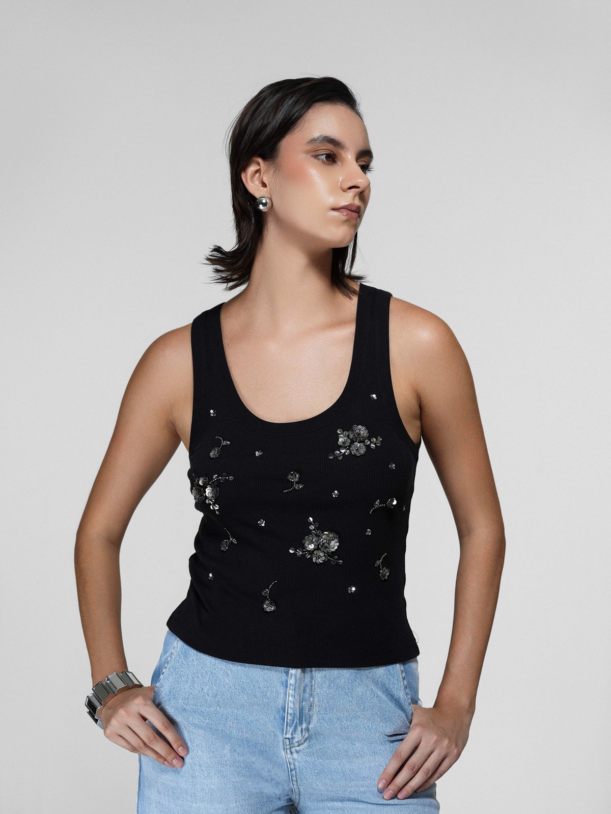 Black Beaded Floral Tank Top