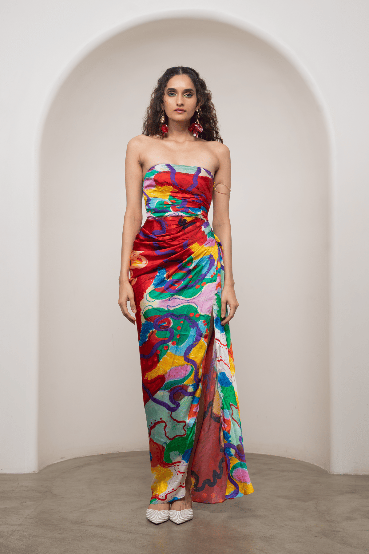 Multicolor Strapless Ruched Satin Maxi Dress