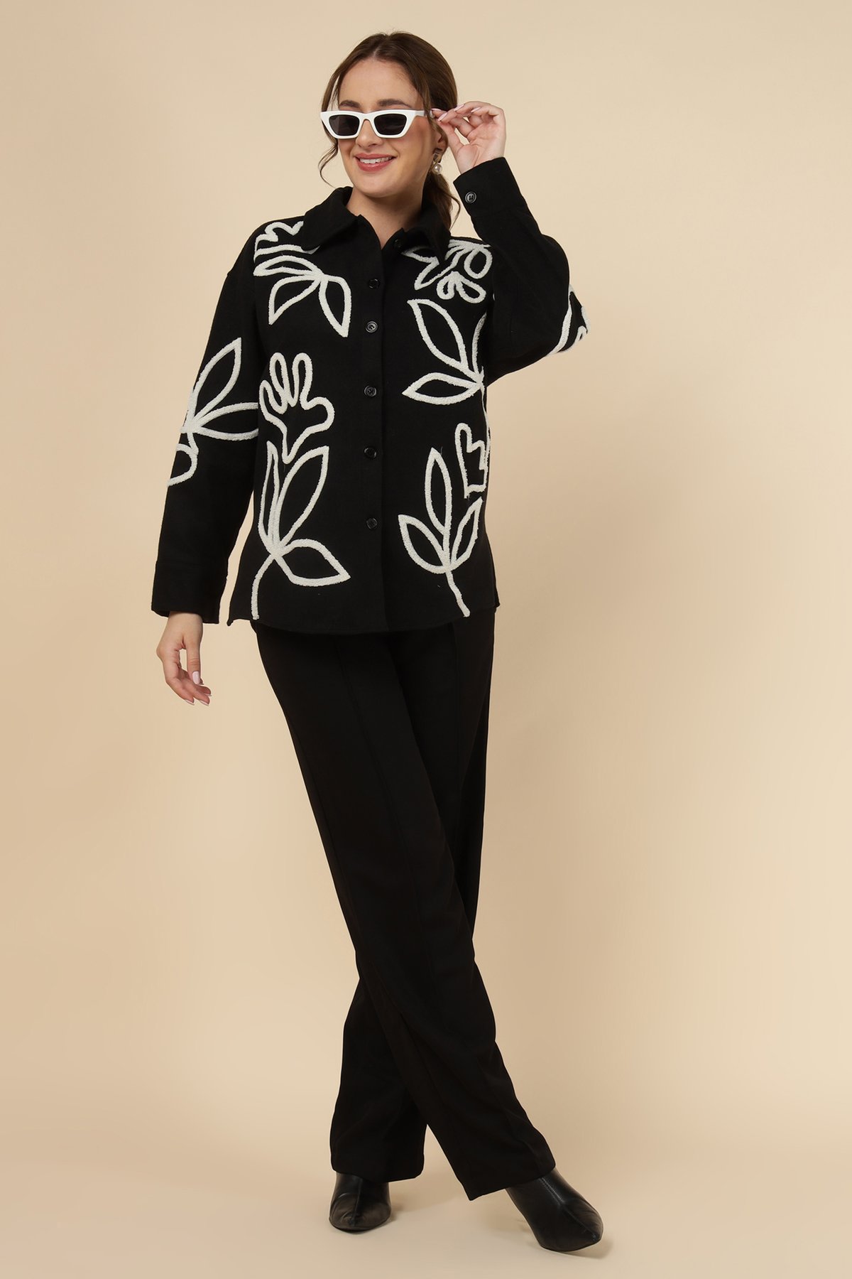 Black Floral Applique Overshirt Shirt