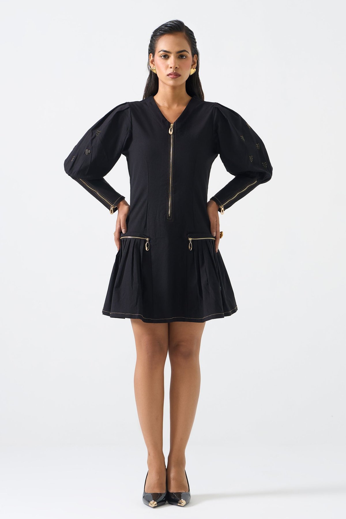 Black Fit and Flare Mini Dress with Front Zip