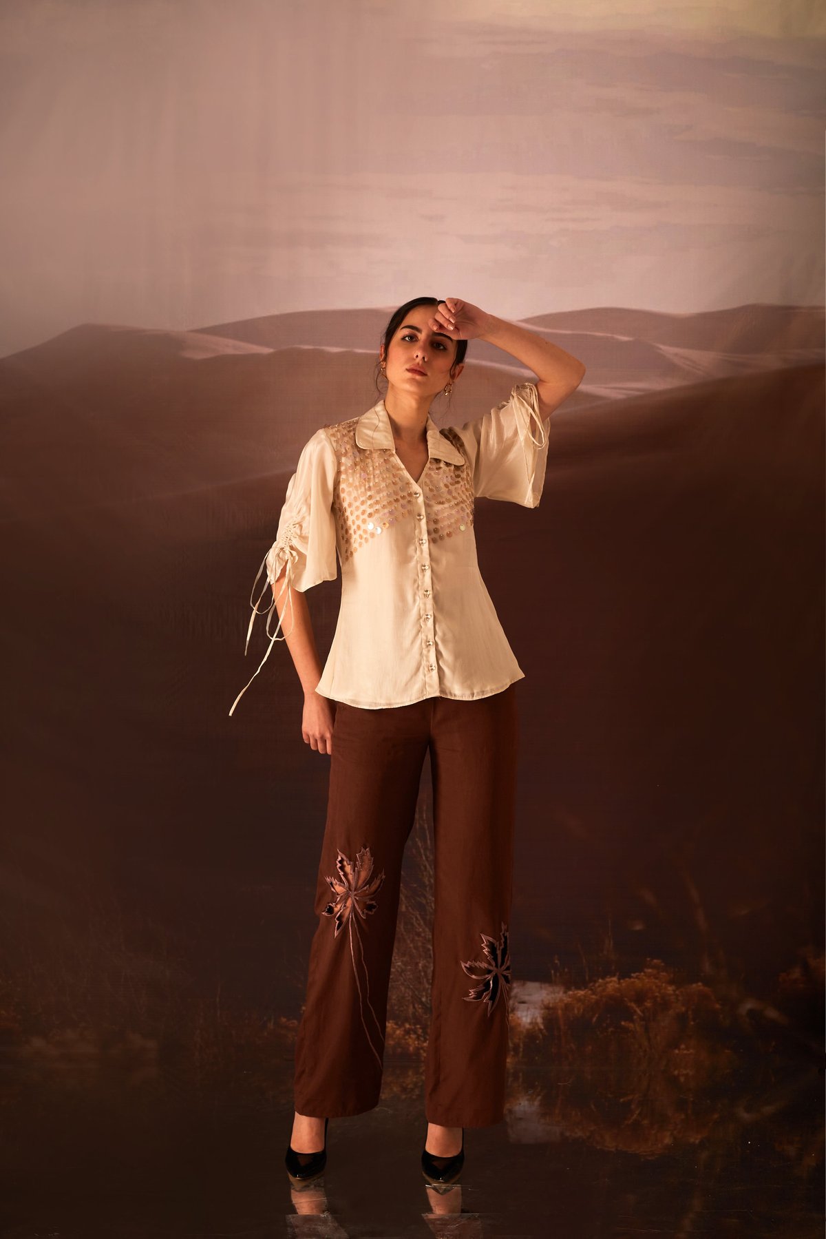Brown and Creme Sequin Shirt and Pants Co-ord Set