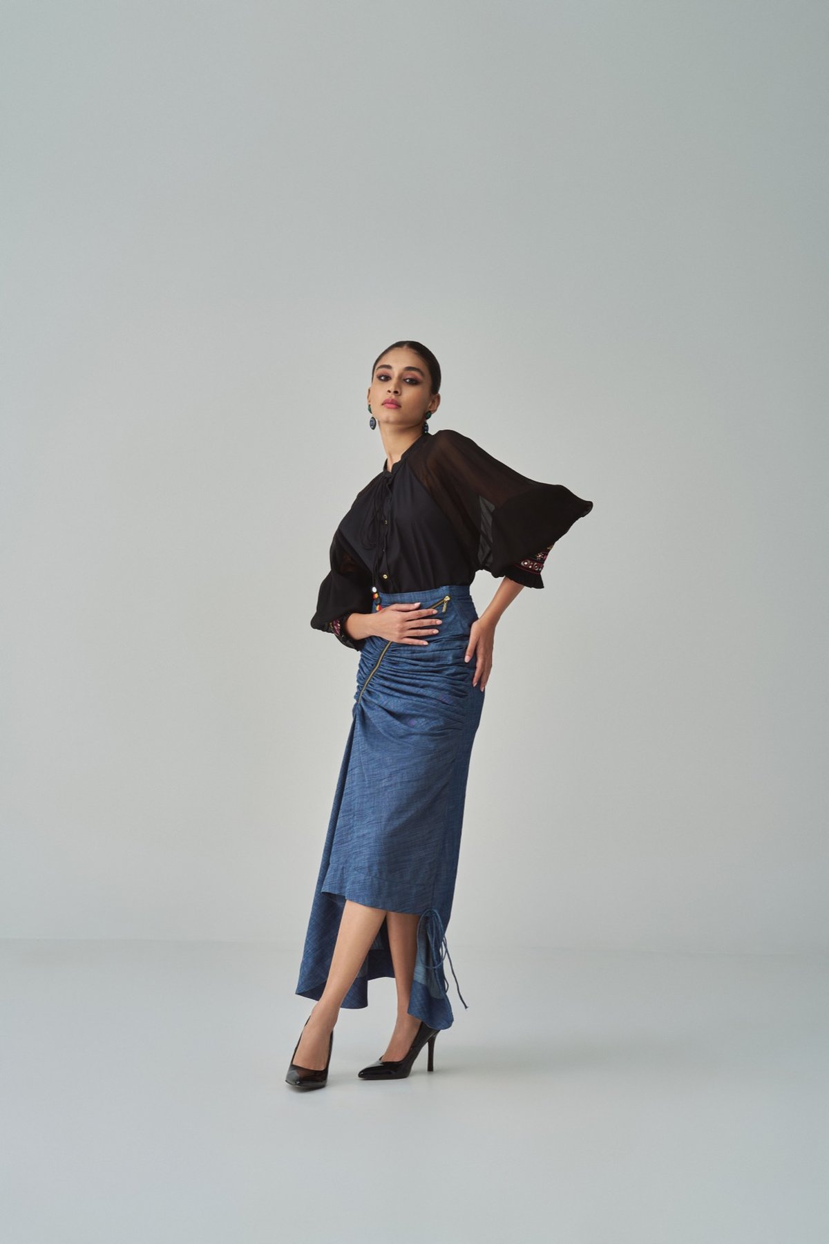 Black Puff Sleeve Button-Front Blouse with Mirrorwork Cuffs