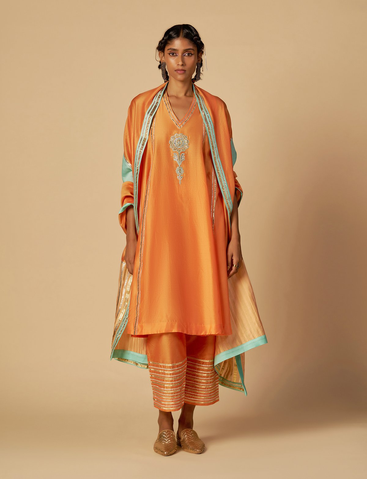 Orange Silk Chanderi Gota Detail Straight-Leg Trousers