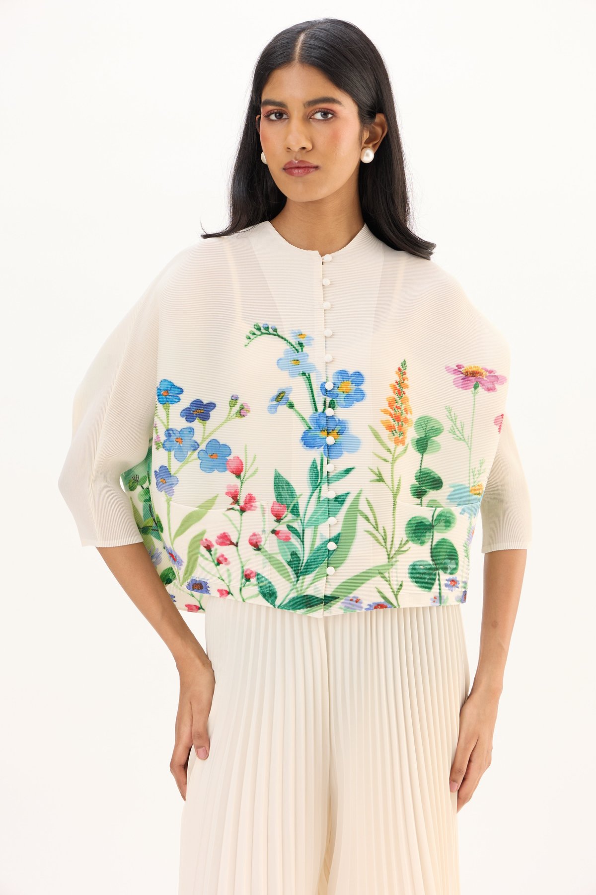 Ivory Pleated Floral Button-Front Boxy Top