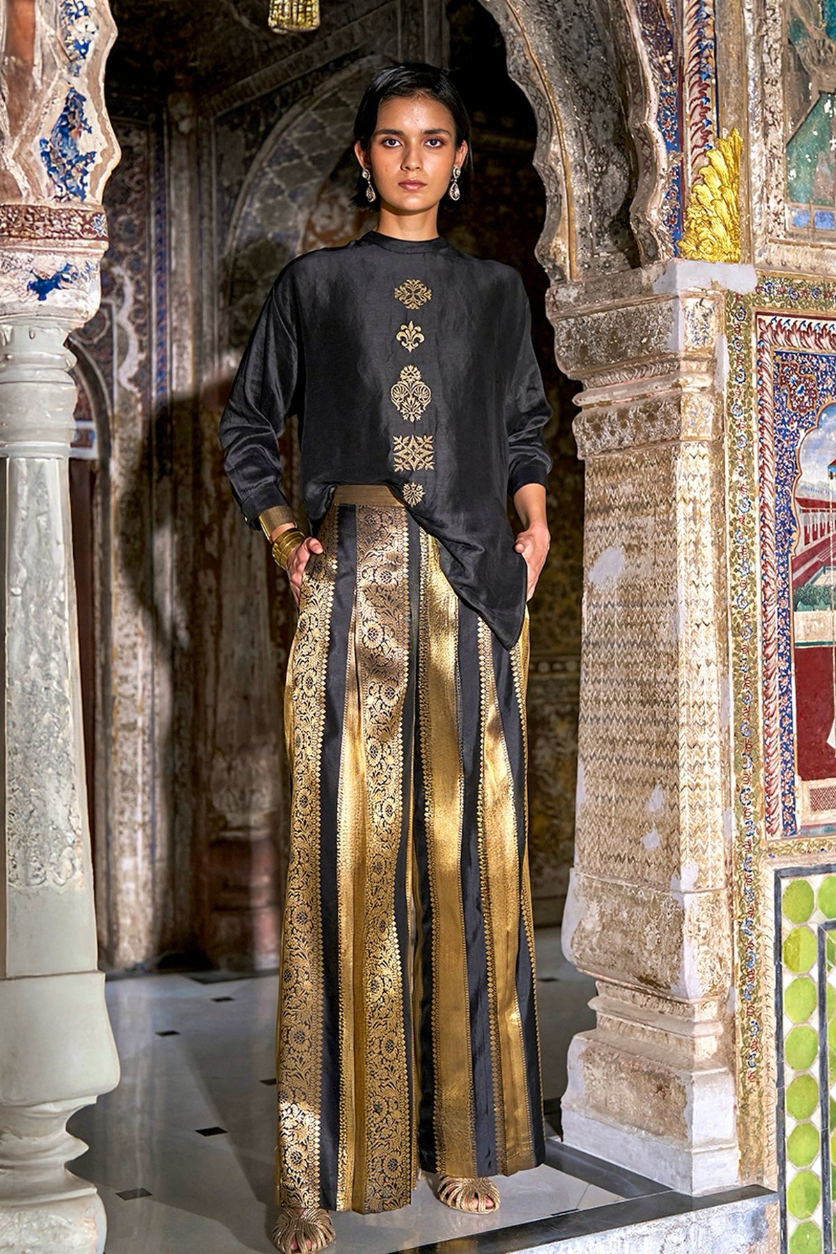 Black and Gold Embroidered Shirt and Brocade Pant Co-ord Set