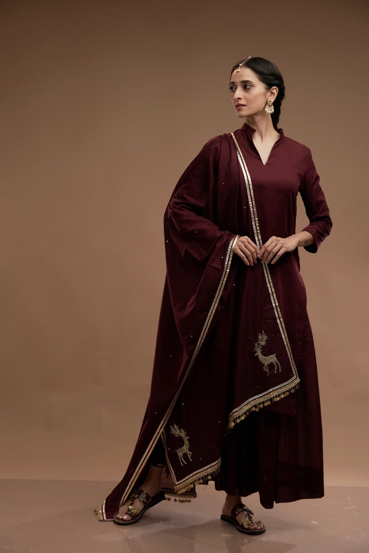 Burgundy Straight Kurta Set with Bordered Dupatta