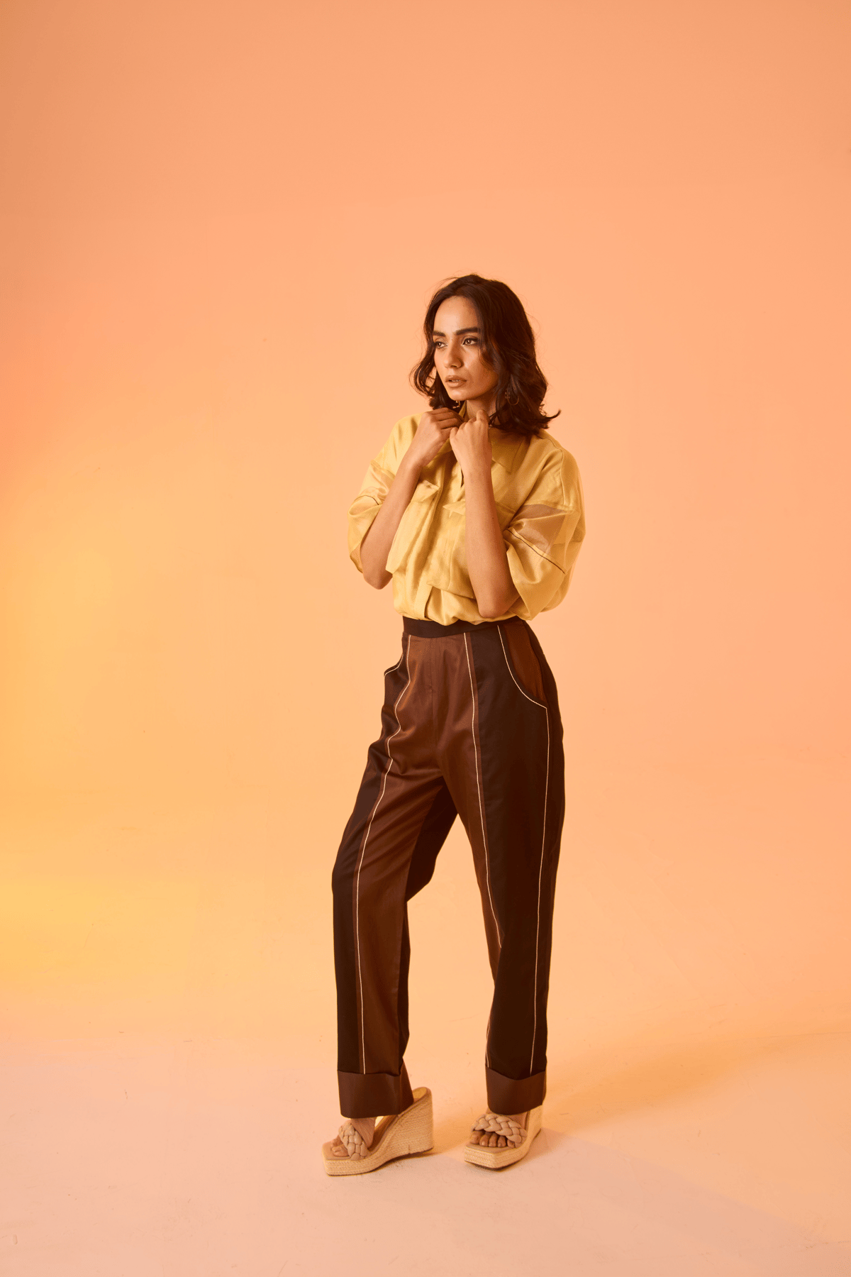 Brown Cotton Satin Balloon-Fit Trousers with Contrast Piping