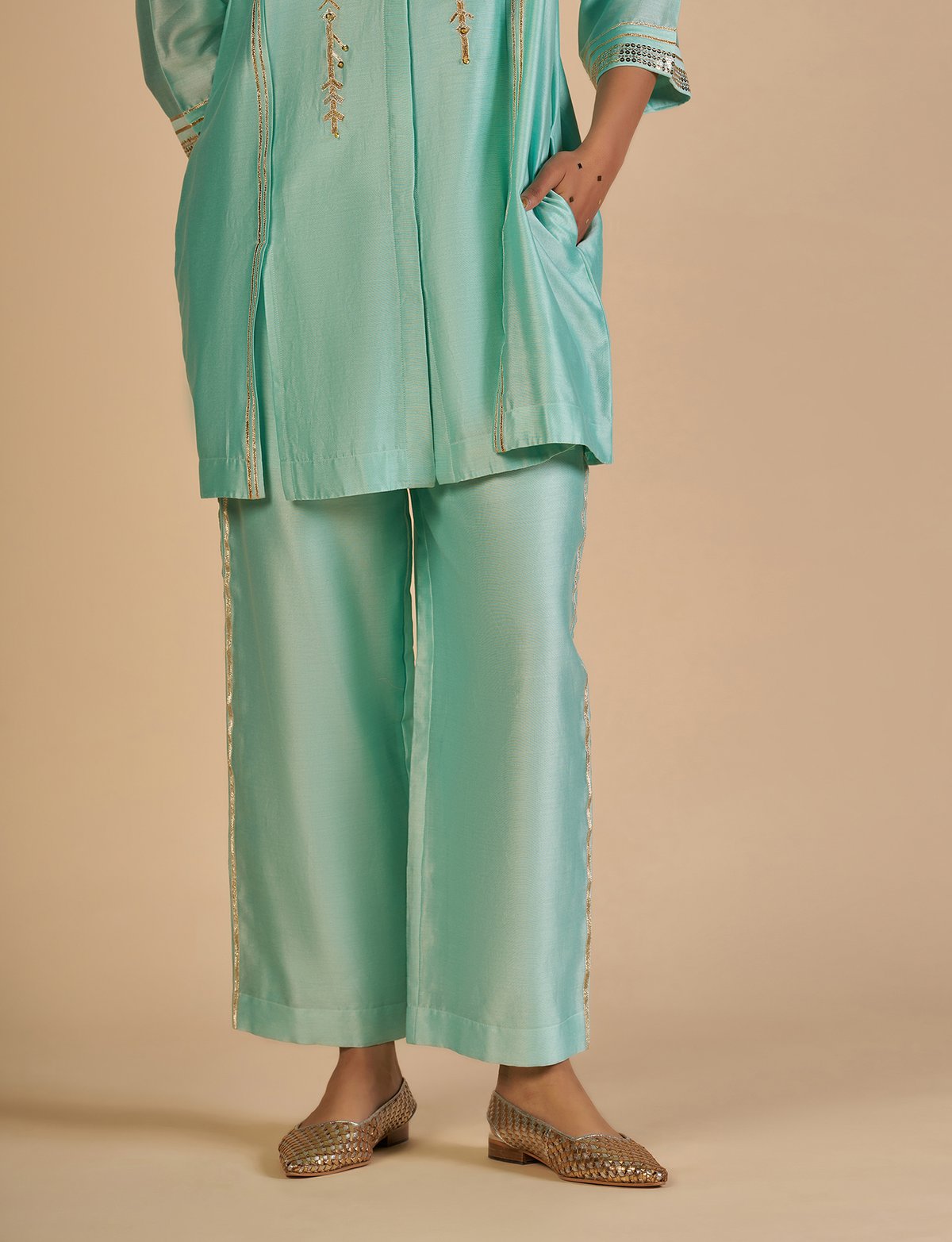 Aqua Chanderi Wide-Leg Festive Trousers