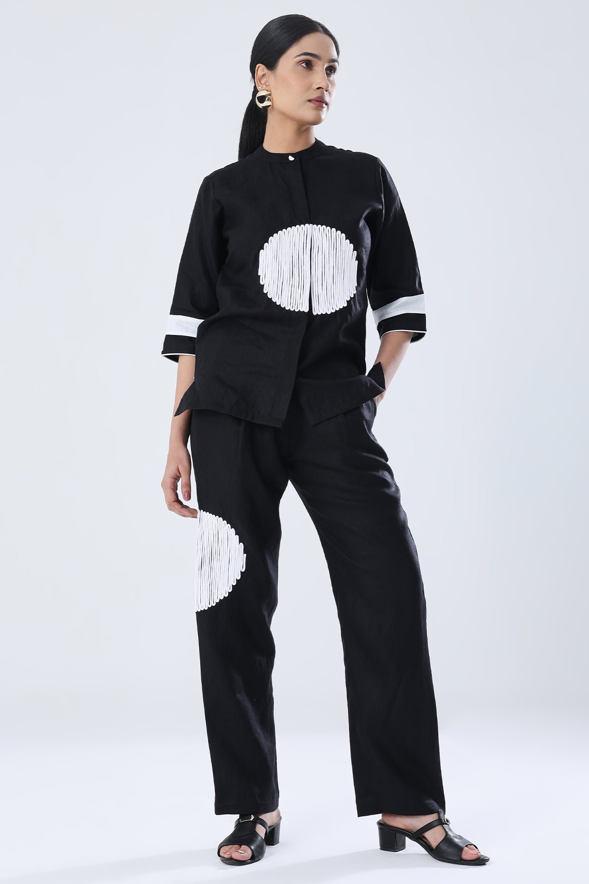Black Hemp Straight-Leg Trousers with White Motif