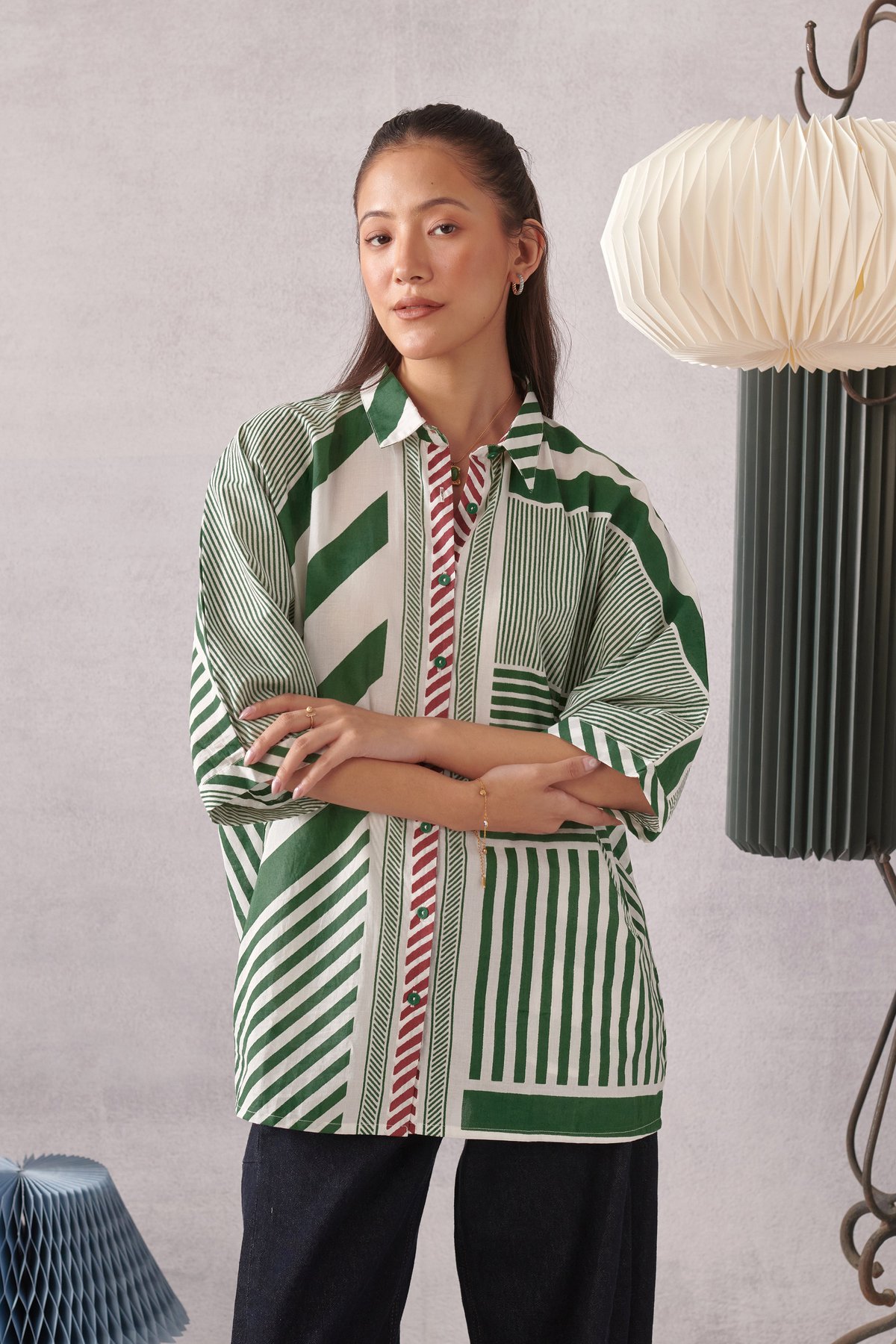 Green and White Striped Relaxed Cotton Shirt