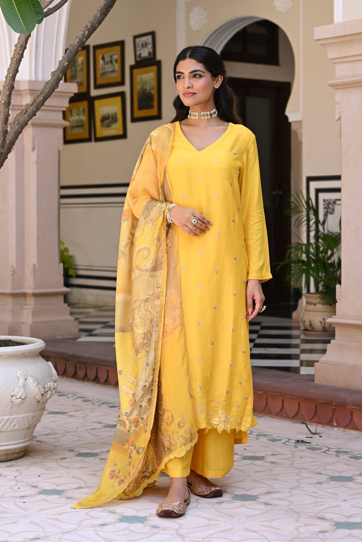 Yellow Shimmer Muslin Threadwork Scallop Set