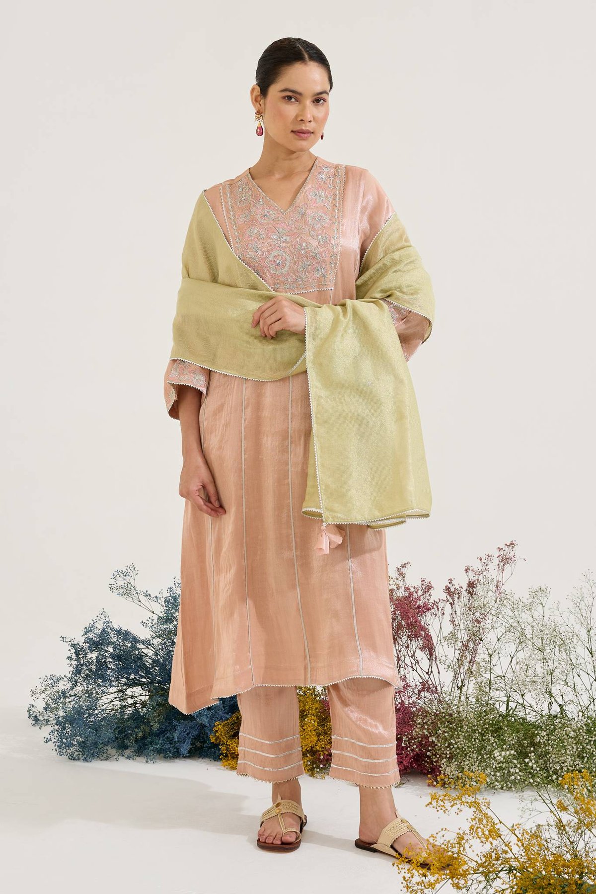 Pink Tissue Anarkali Kurta Set with Narrow Pants