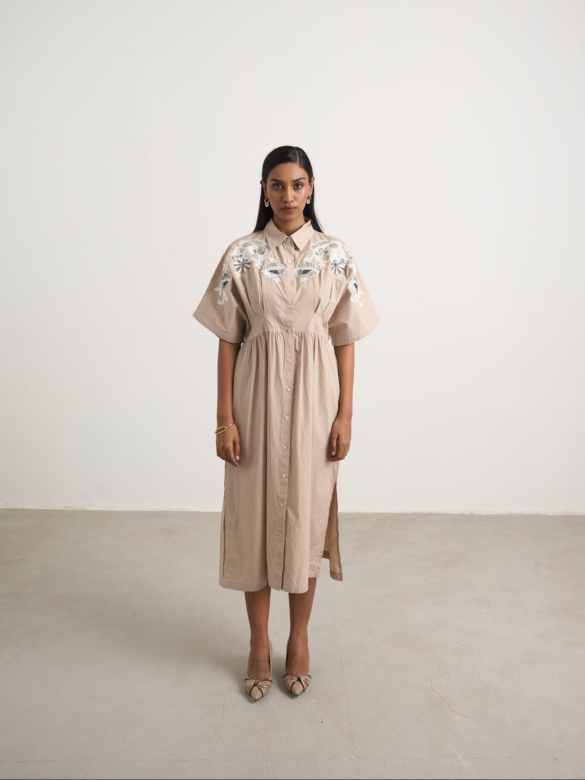 Beige Embroidered Button-Down Cotton Midi Shirt Dress