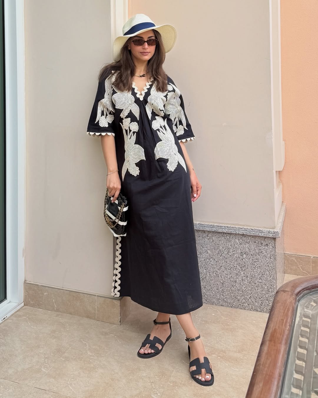 Black Linen Embroidered Kaftan with Scallop Trim