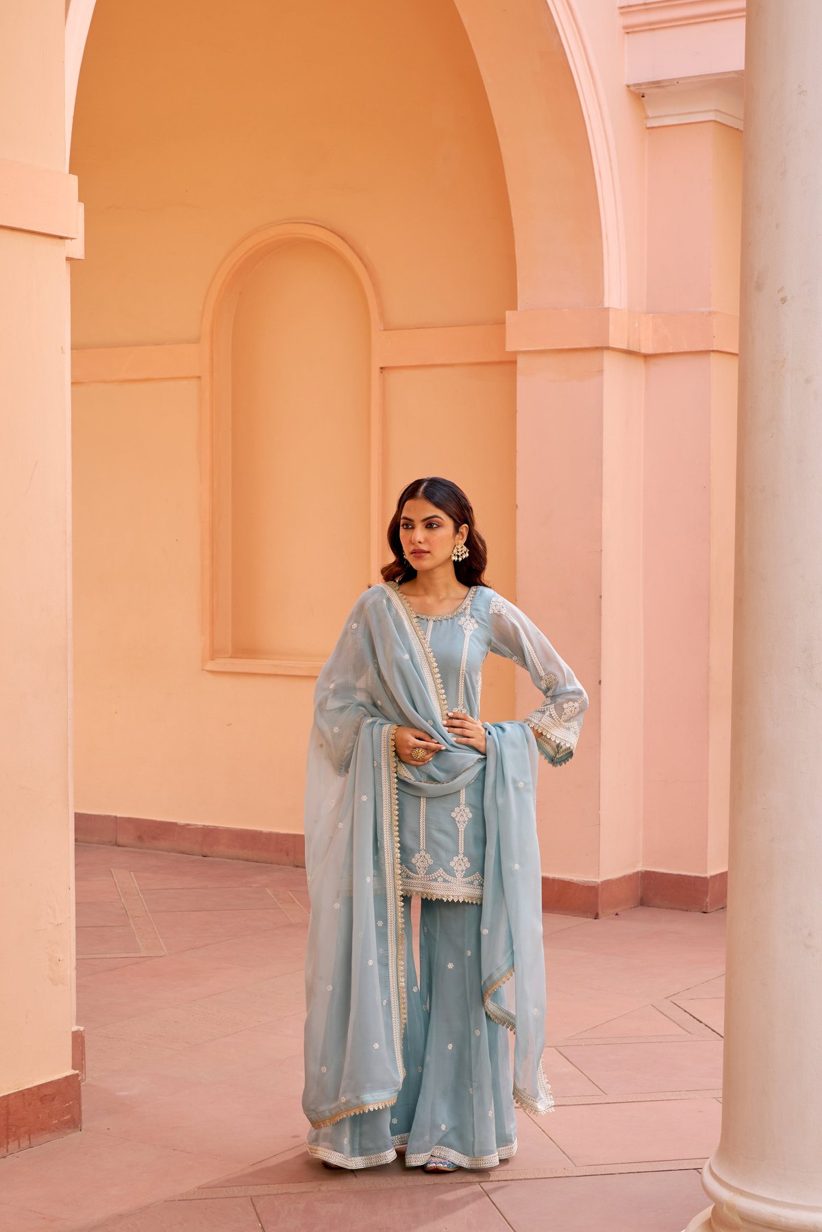 Blue Organza Embroidered Kurta Sharara Set with Dupatta