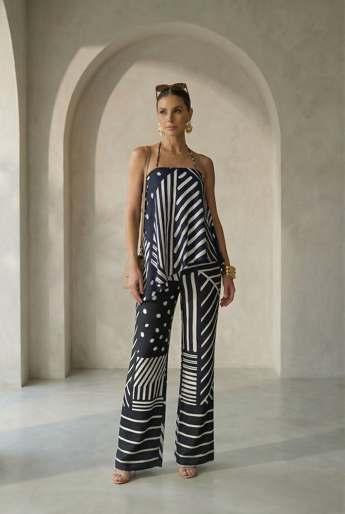 Black and White Printed High-Waist Wide-Leg Trousers