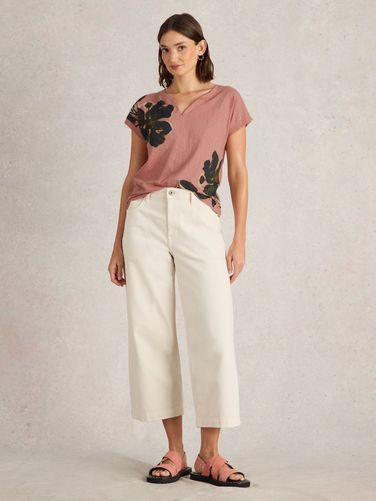 Dusty Pink Notch Neck Floral Print T-Shirt