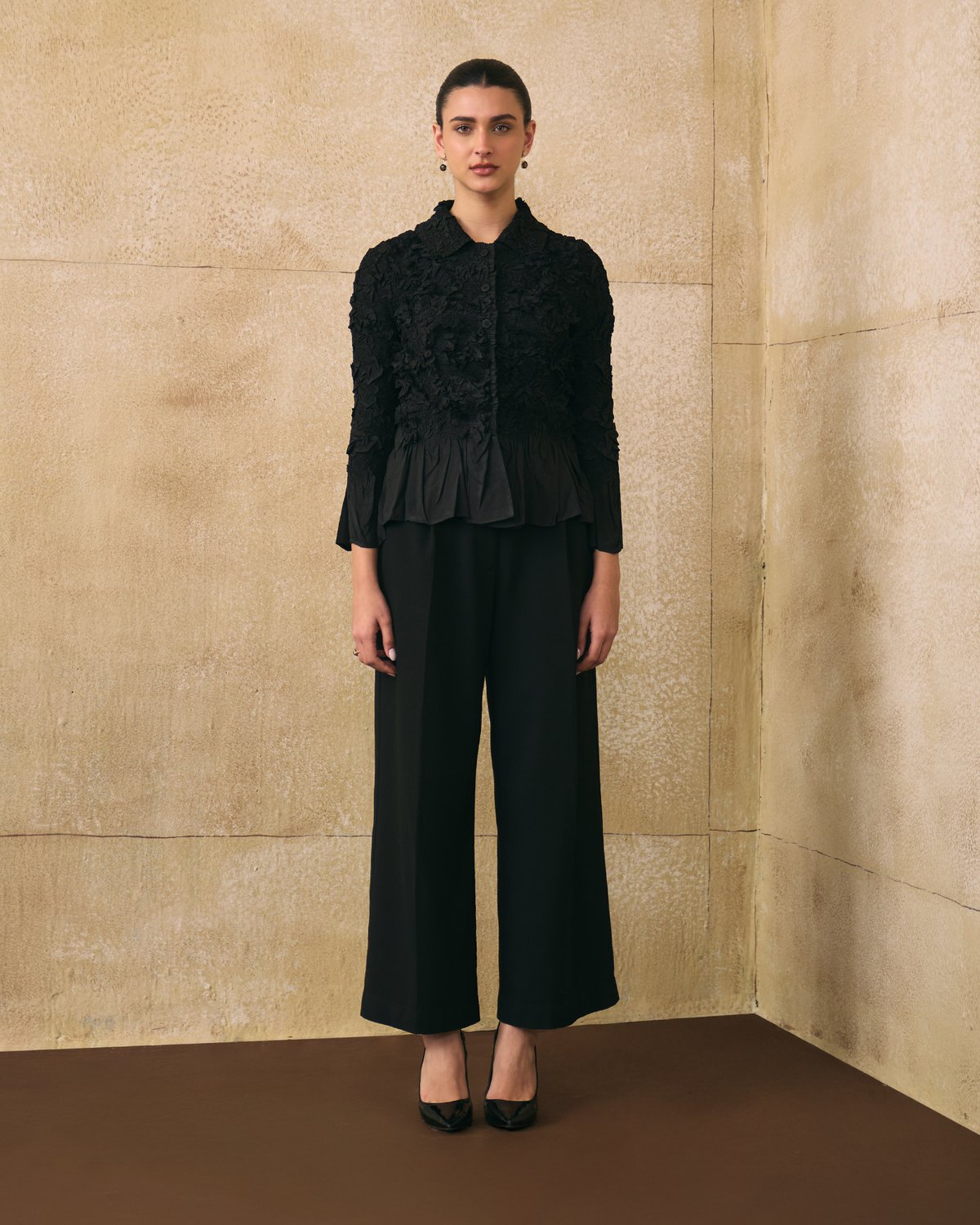 Black Textured Collared Peplum Top
