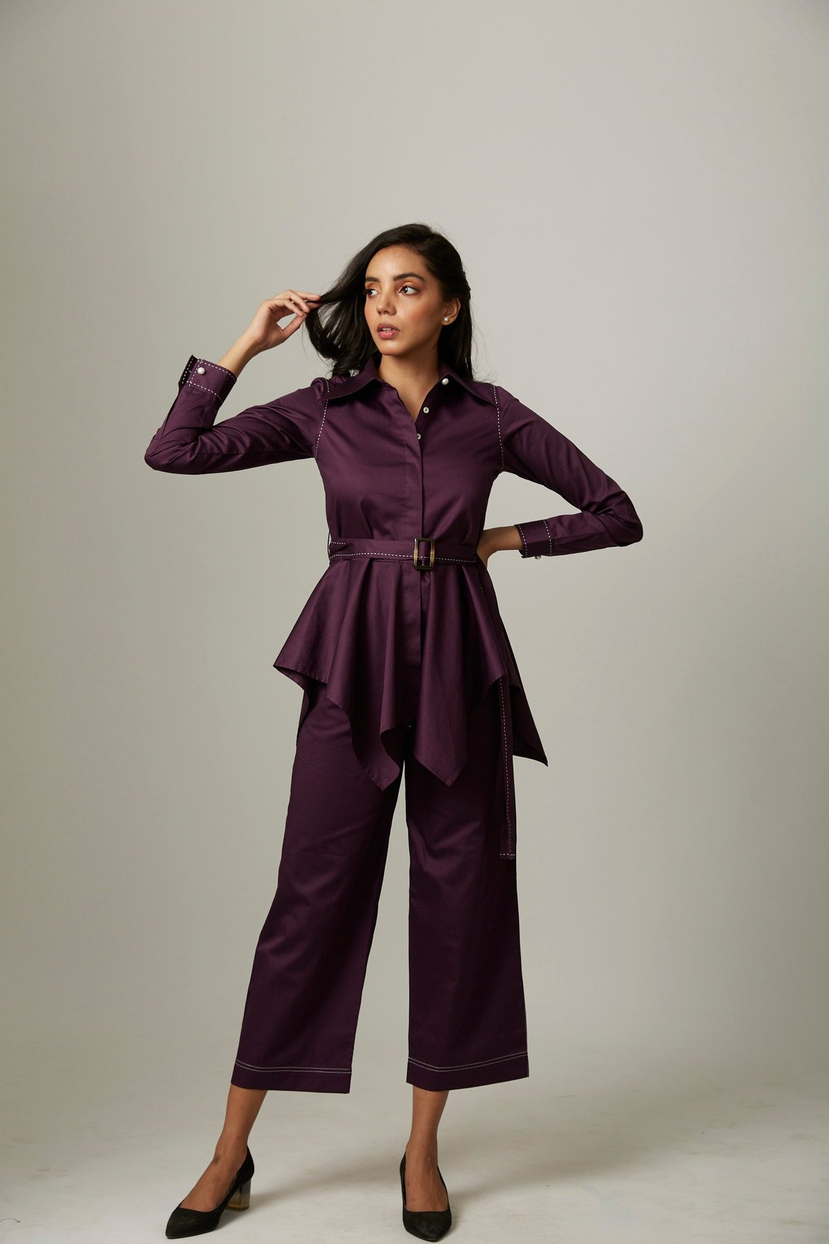 Purple Cotton Satin Shirt and Wide-Leg Pants Co-ord Set