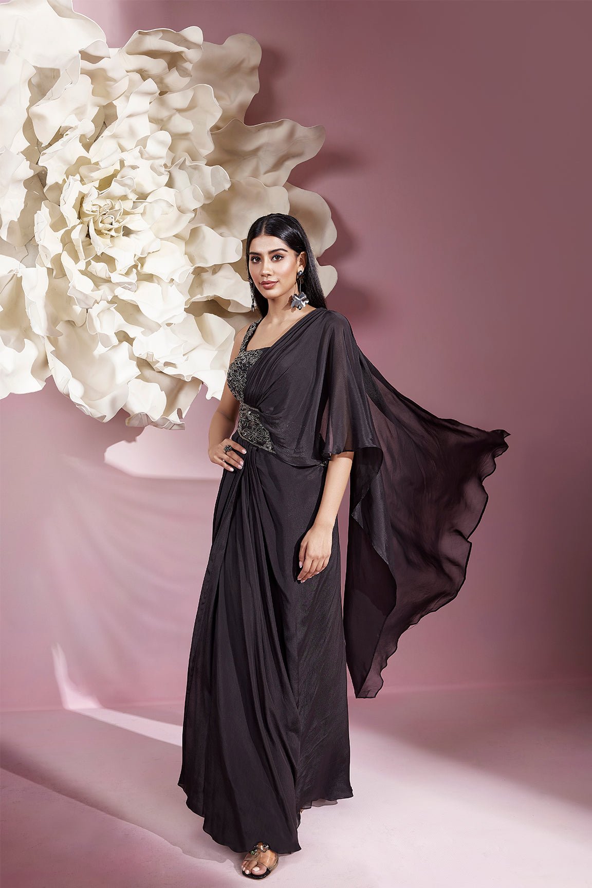 Black Chiffon One-Shoulder Cape Maxi Gown