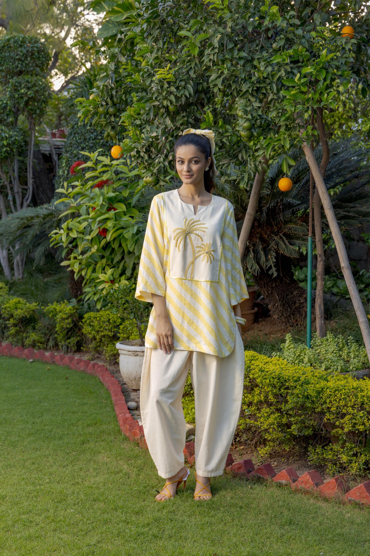 Yellow Striped Kurta Set with Palm Motif Embroidery