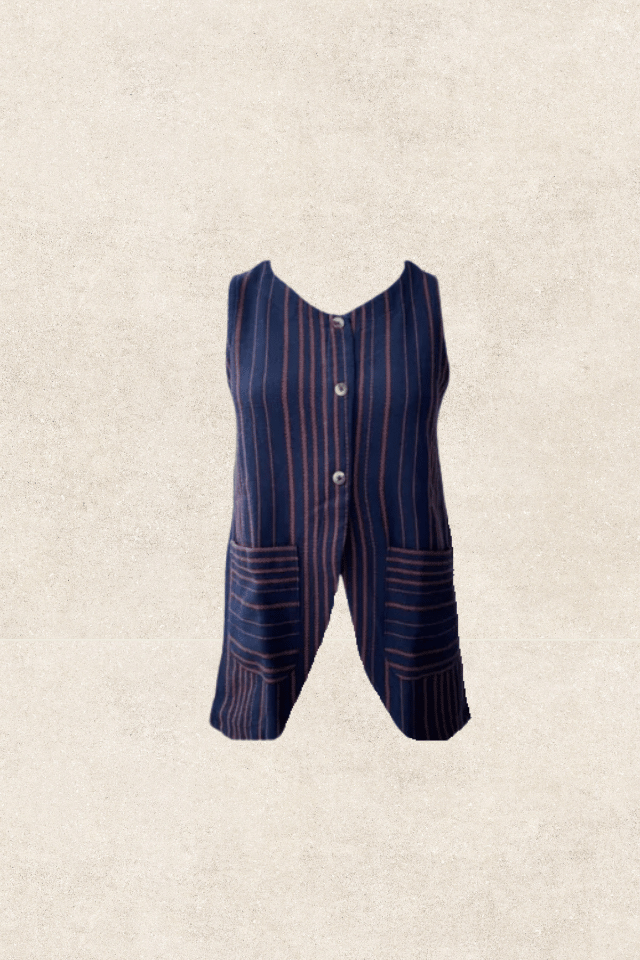 Navy and Pink Striped Sleeveless Button-Front Top