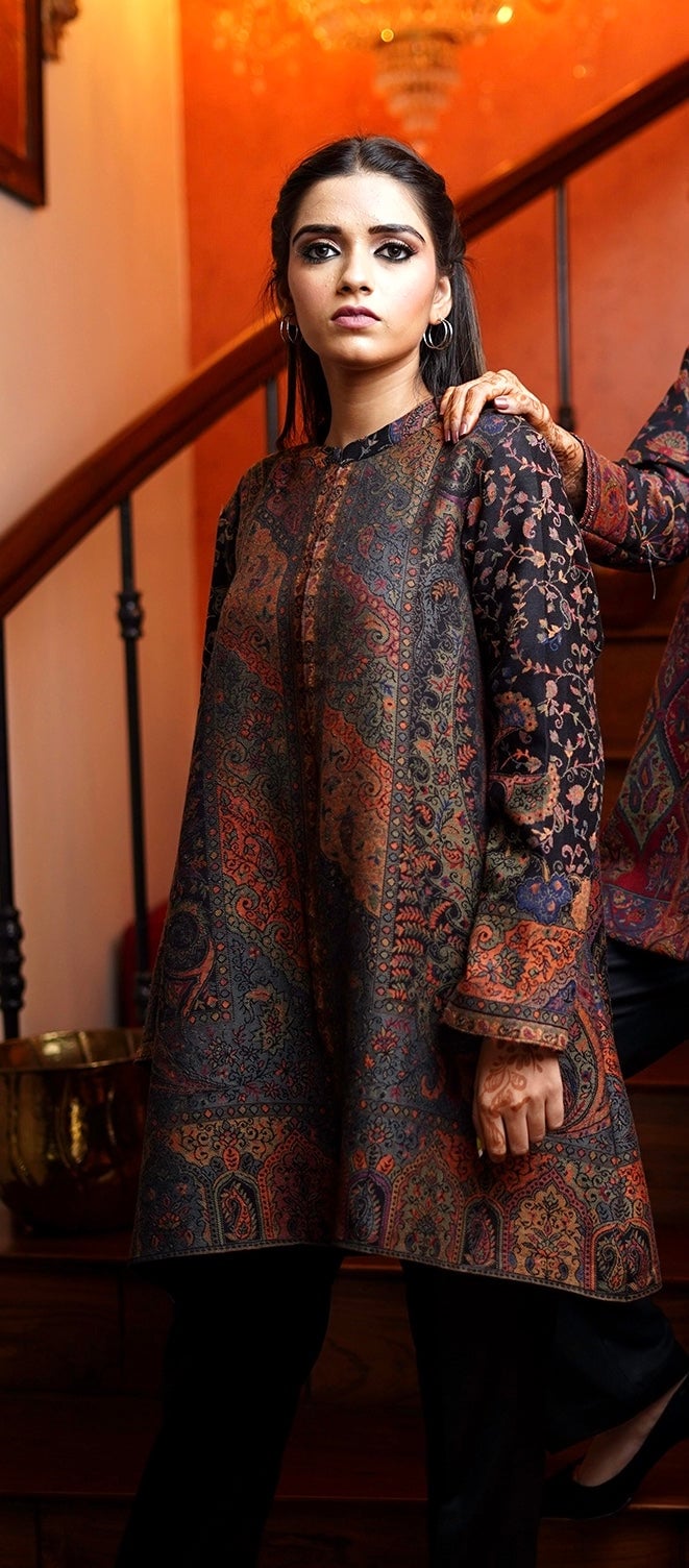 Black Paisley Woollen-Blend Cape with Mandarin Collar