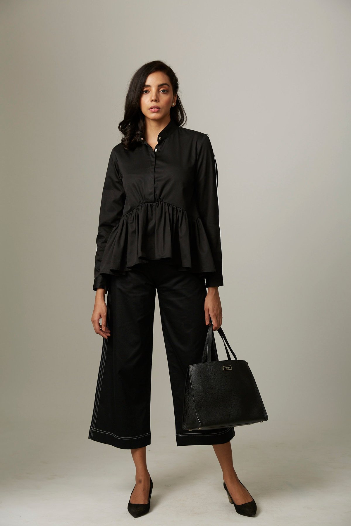 Black Cotton Satin Gathered Peplum Co-ord Set