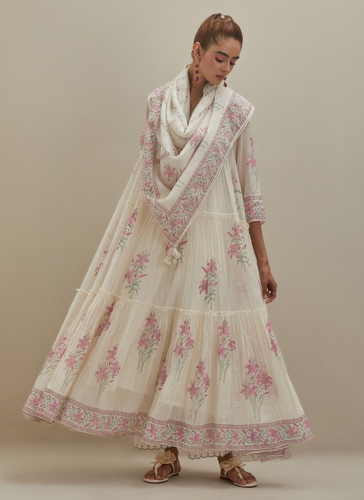 Off White Chanderi 3-Tier Kurta Set Block Print