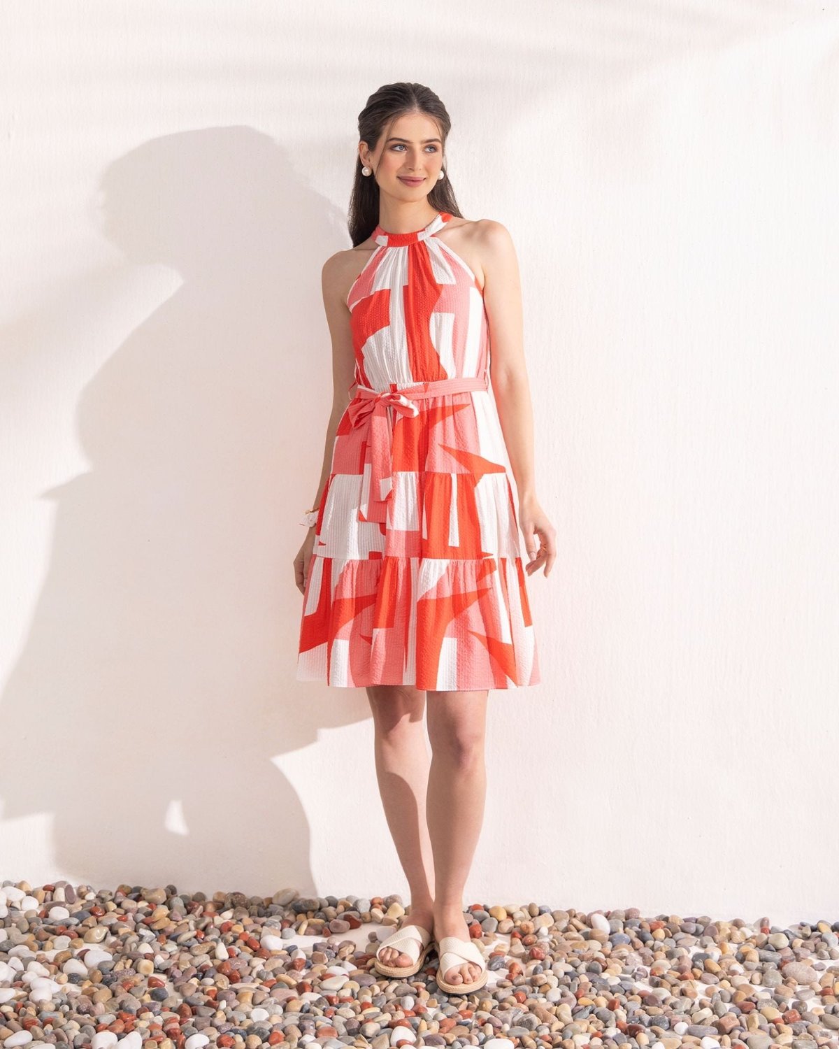 Red and Ivory Abstract Print Halter Neck Tiered Mini Dress