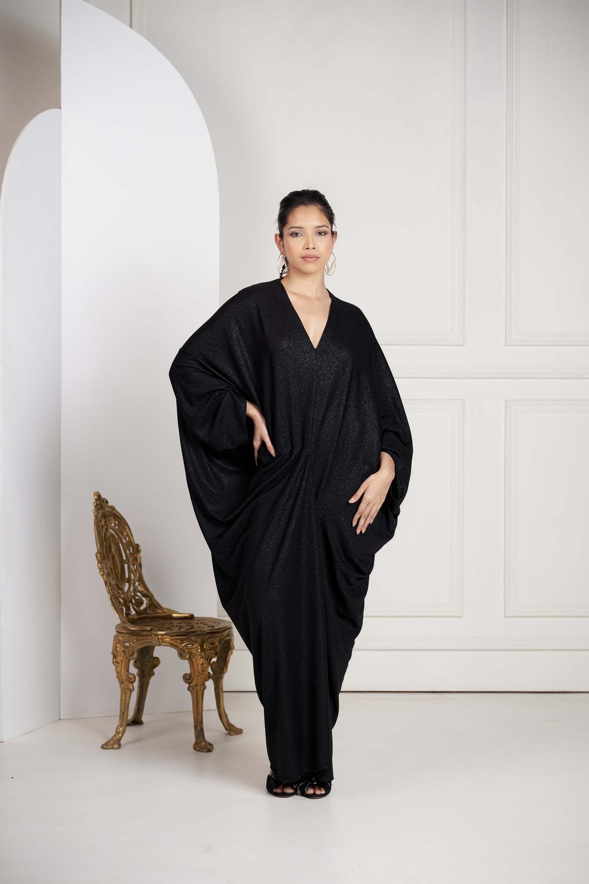 Black Shimmer Crepe V-Neck Kaftan