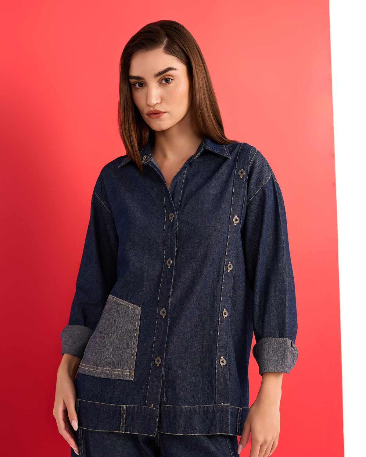 Indigo Denim Relaxed-Fit Longline Shirt