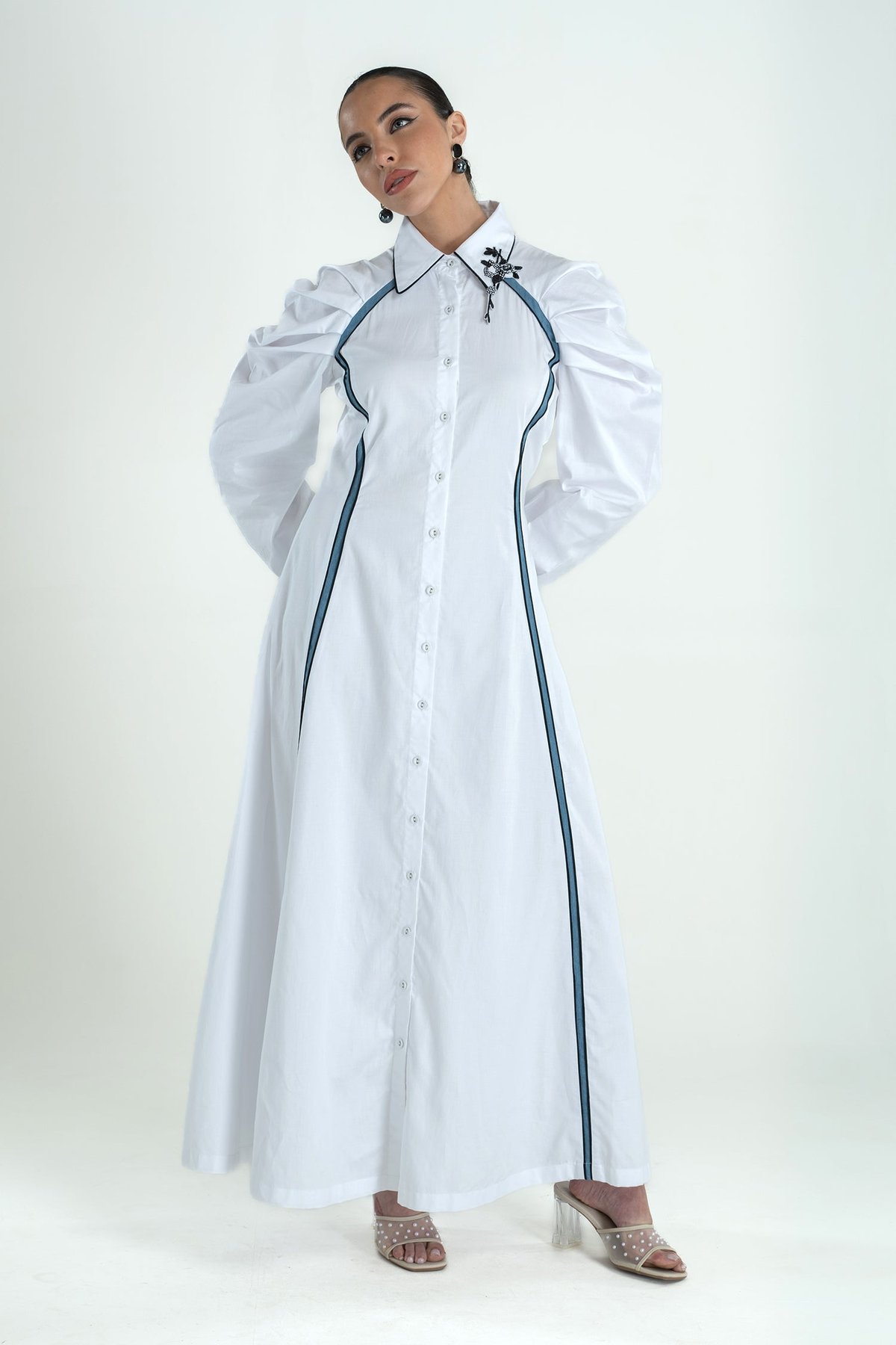 White Cotton Satin Maxi Shirt Dress with Puff Sleeves