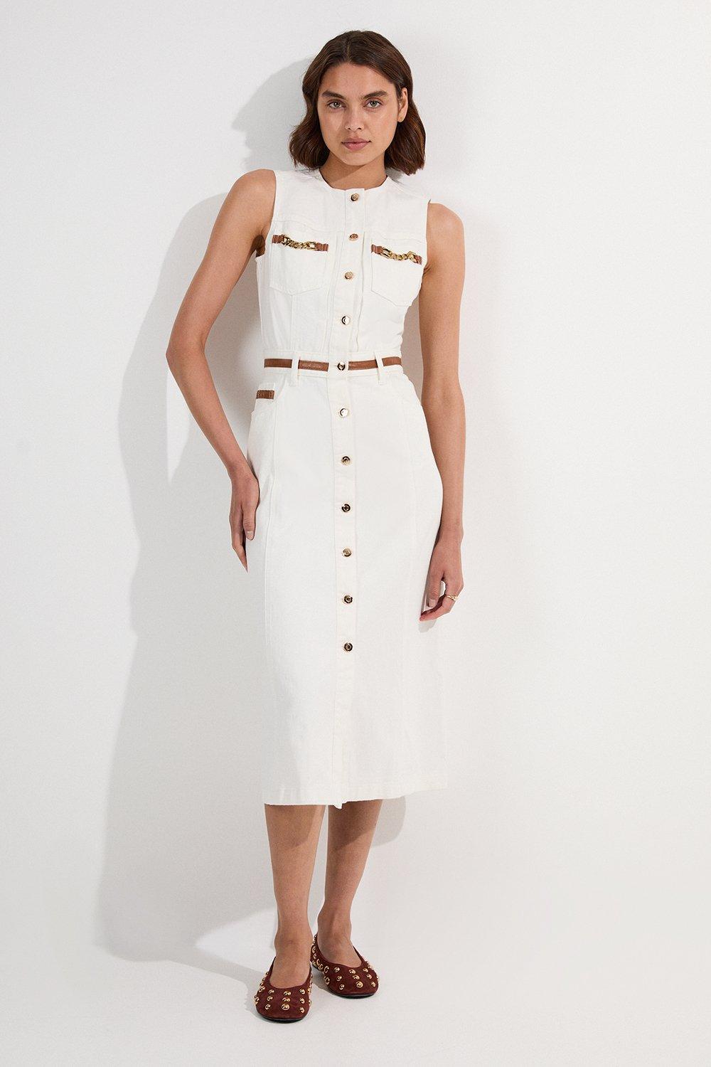 Ivory Denim Button-Through Belted Midi Dress