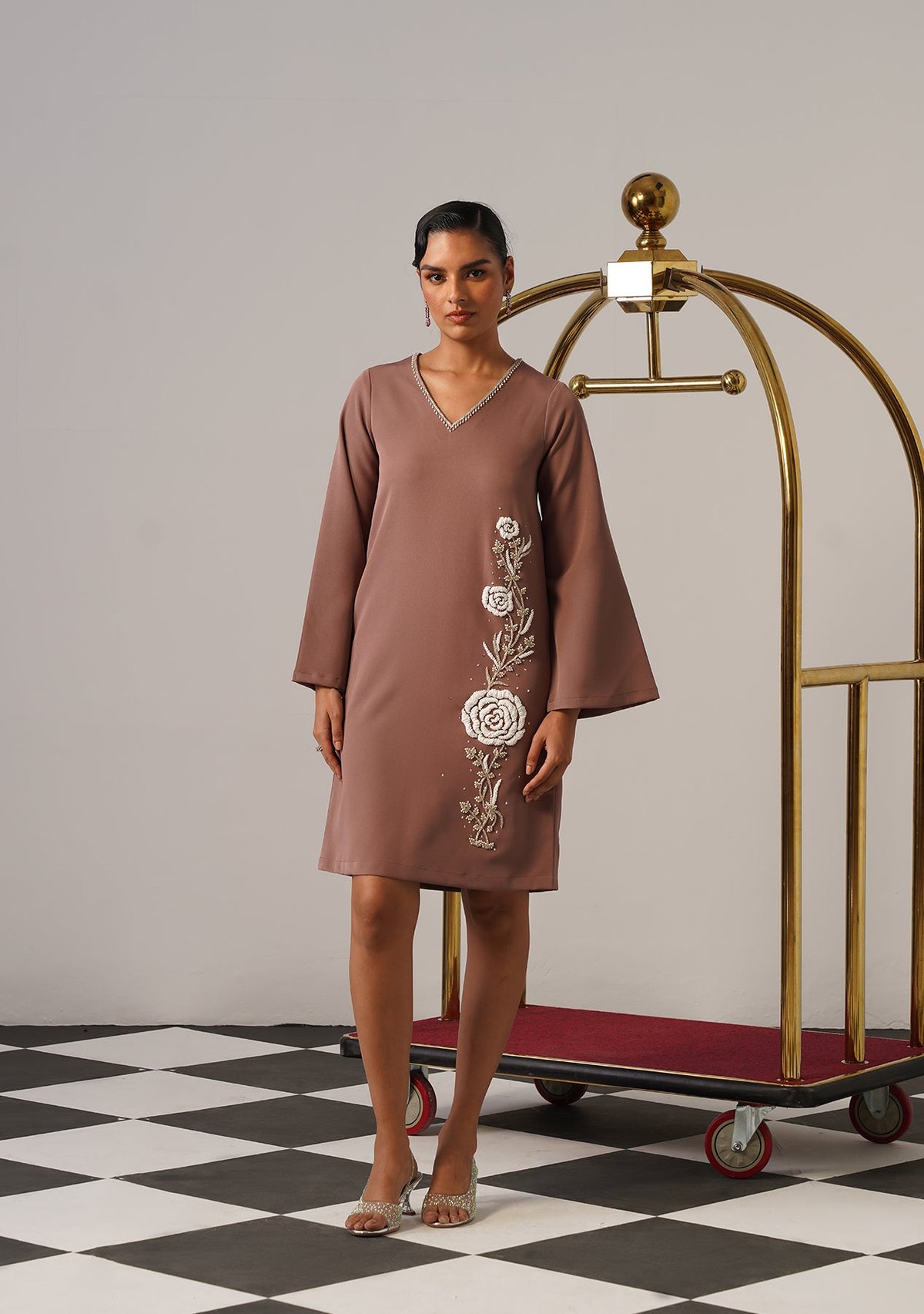 Mocha Mousse Beaded V-Neck Knee-Length Shift Dress