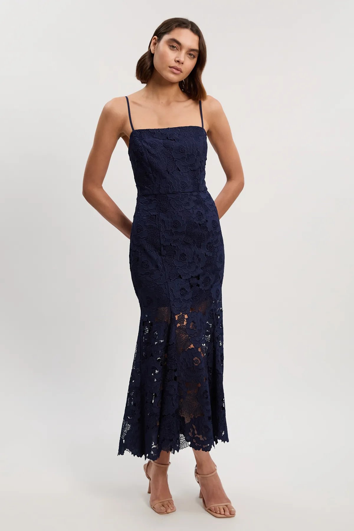 Navy Lace Fit and Flare Midi Dress