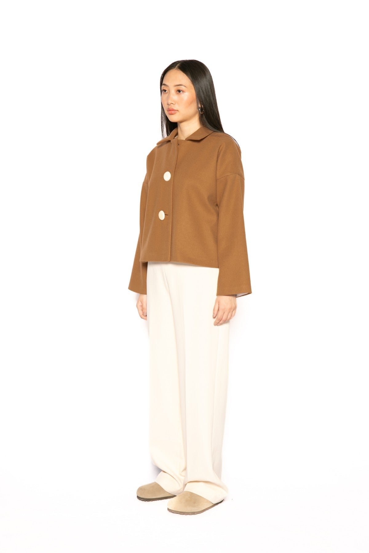 Brown Cropped Shacket Jacket with Statement Buttons