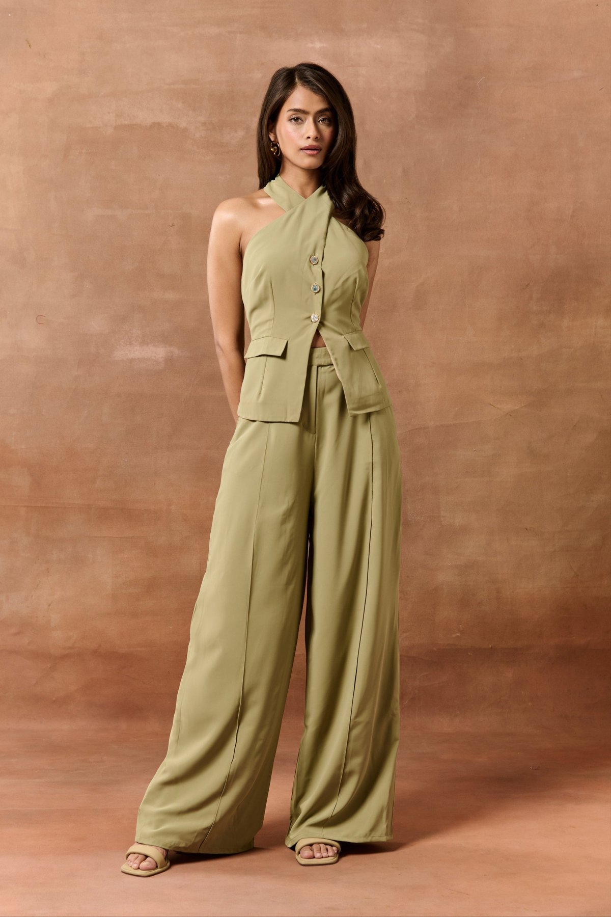 Sage Green Halter Neck Button-Front Waistcoat Top